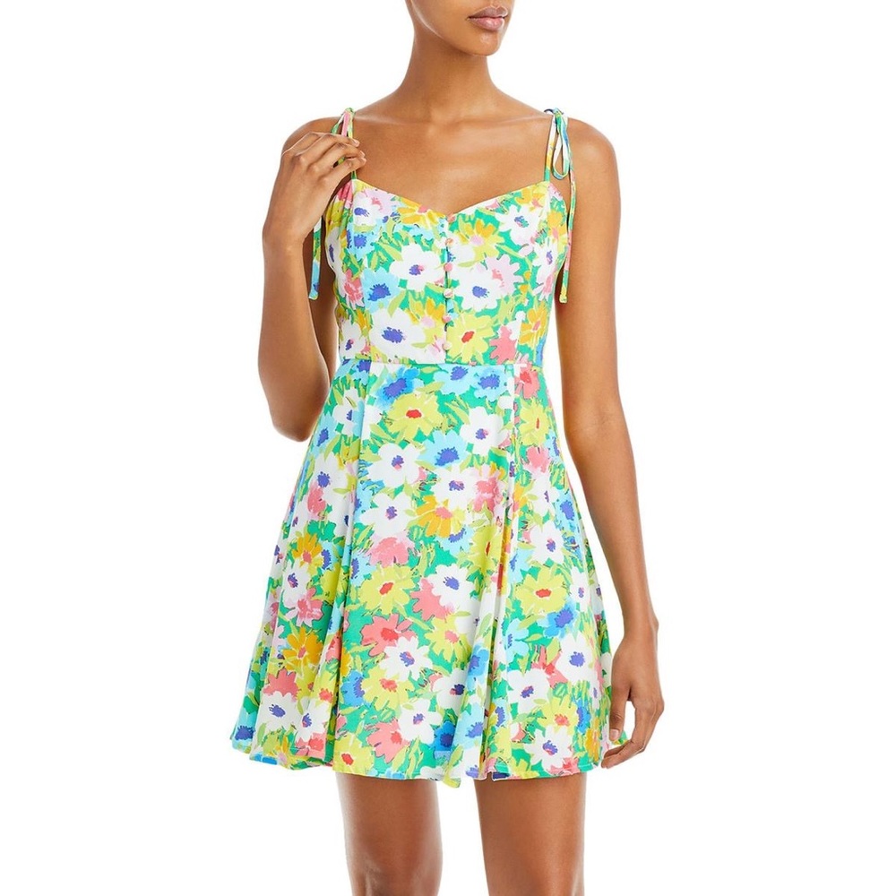 AQUA - RETRO FLORAL PRINT MINI MINI DRESS - BUTTON ACCENTS - NWT - Picture 2 of 3